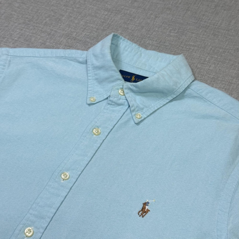 Ralph Lauren Button-Down Slim Fit Flesh Pony Shirt Mens Large Blue Short Sleeve